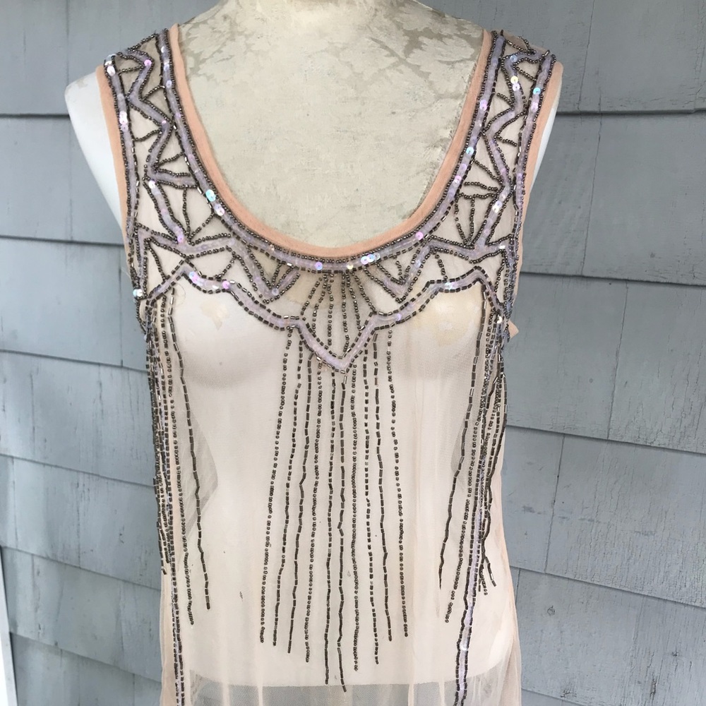 Peach Sheer Mesh Embroidered Beaded Tank